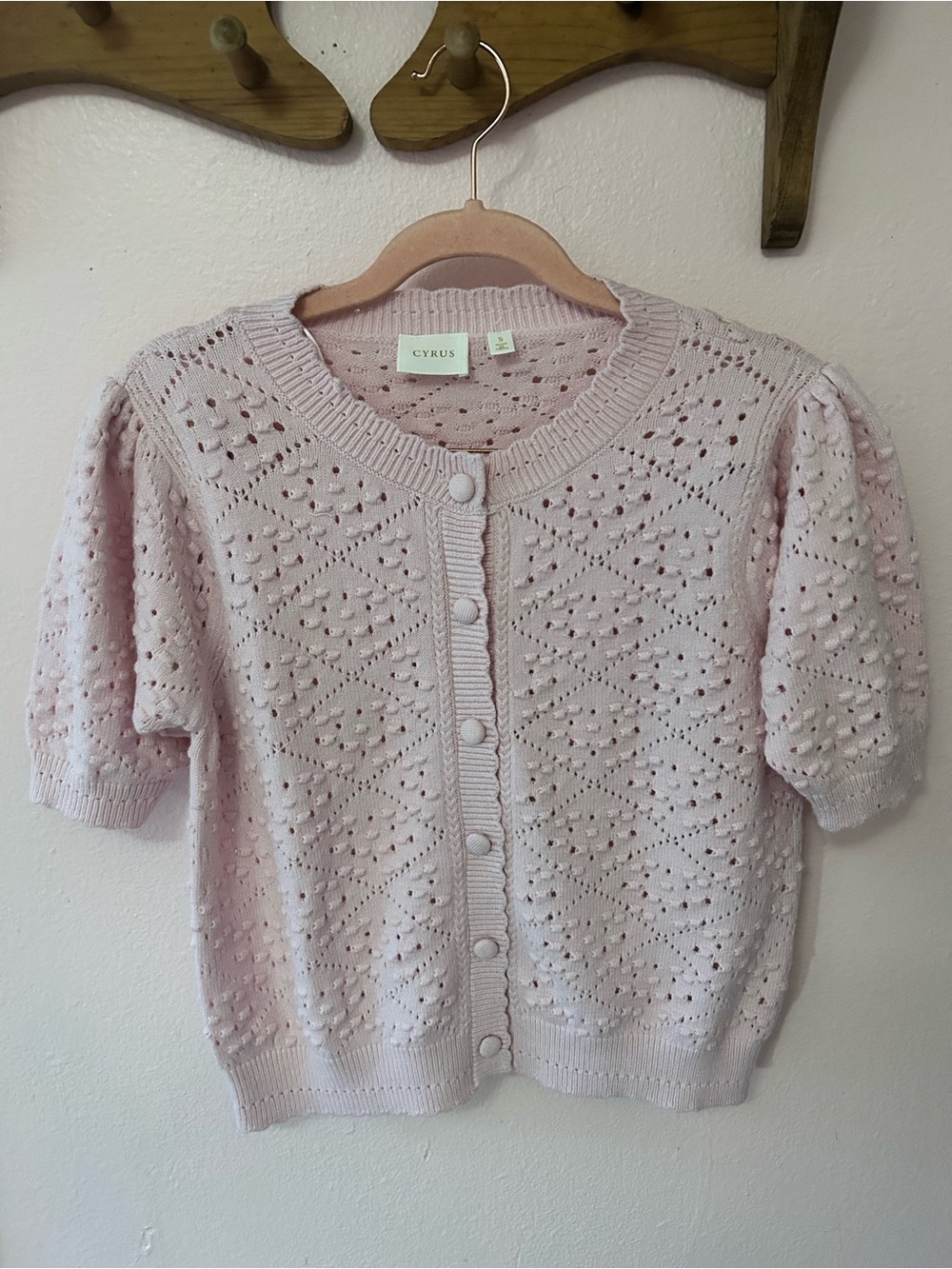 CYRUS Pastel Pink Short Sleeve Bobble Knit Cardigan Sweater Size S Cottagecore